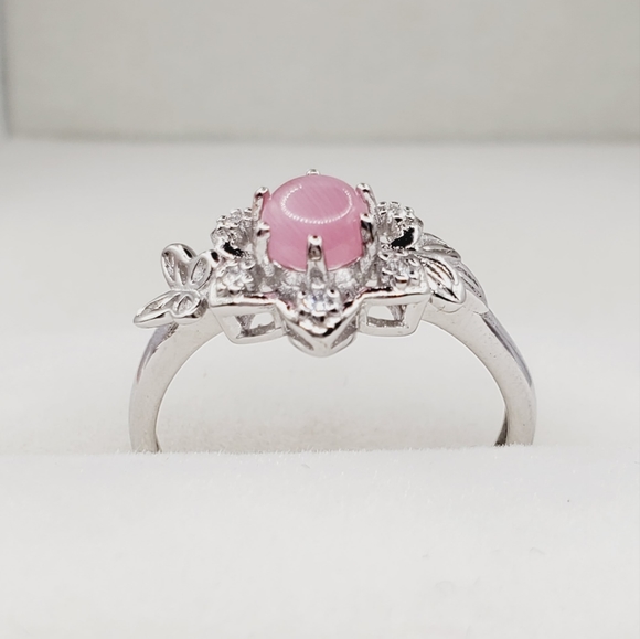 Natural Pink Cats Eye & Diamond Flower & Butterfly 925 Sterling Silver Ring - Picture 3 of 4